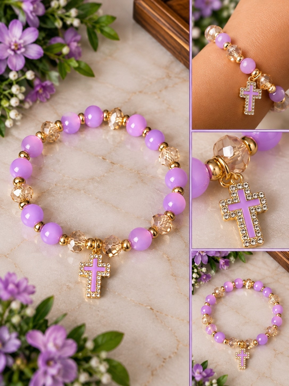 Lavender Cross Bead Stretch Bracelet - Gold Accents